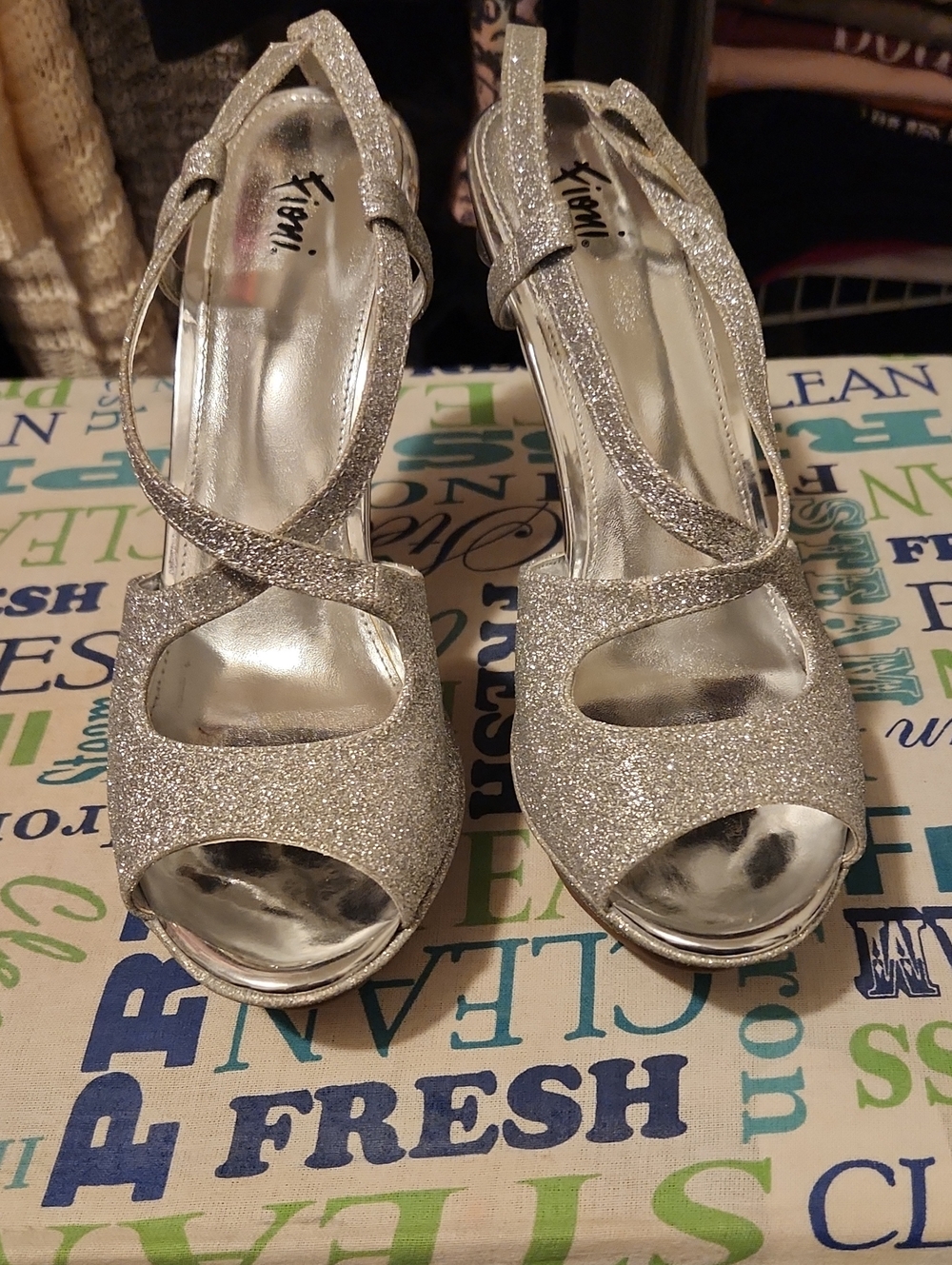 FIONI  Silver Glitter Strappy Peep-Toe Heels
